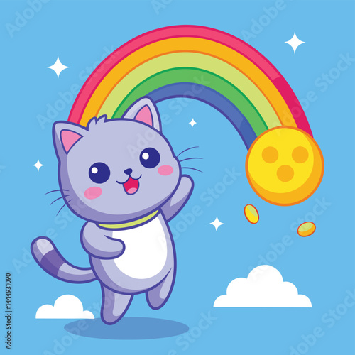 Witness the whimsical sight of a cartoon mascot featuring a cute cat catching a coin from a rainbow. Ideal for playful designs, children's illustrations, or adding a touch of magic to any project. Thi