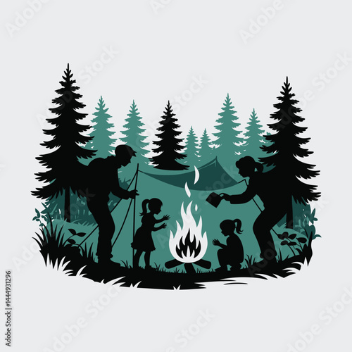 Family Camping Silhouette in Pine Forest Campfire