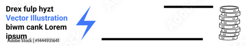 Lightning bolt connecting text and coin stack represents energy, economy, transfer, or cost. Ideal for fintech, energy pricing, funding, resource allocation, innovation savings simple landing page