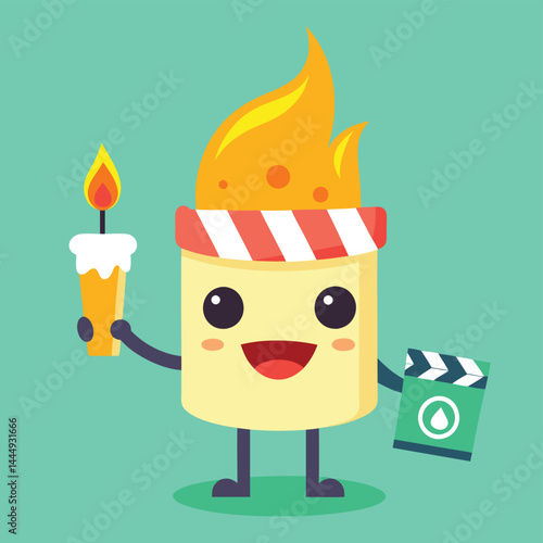 Discover a whimsical illustration of a cute candle character as a movie maker, blending creativity with charm for a playful and imaginative design.
