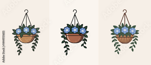 Three Hanging Baskets with Blue Flowers and Green Vines