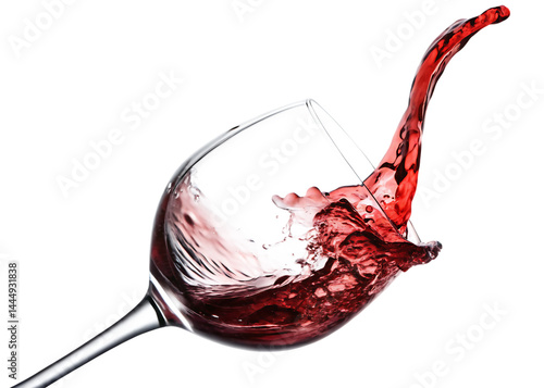 Splash of Red: capturing the dynamic energy of a tilted wine glass as the rich red liquid spills out in a photo realistic display of movement and sensory  isolated on white background PNG