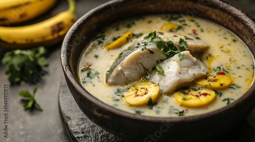 Moody side view of Belizean sere Garifuna style coconut milk soup fish green plantains herbs served rustic bowl dark textured surface traditional Belize cuisine cut out isolated transparent background