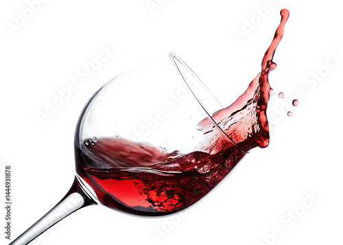 Splash of Red: capturing the dynamic energy of a tilted wine glass as the rich red liquid spills out in a photo realistic display of movement and sensory  isolated on white background PNG