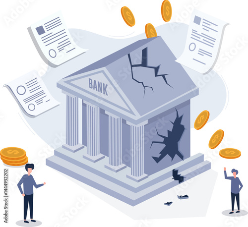 Bank bankruptcy problem and document problem concept flat art vector illustration.