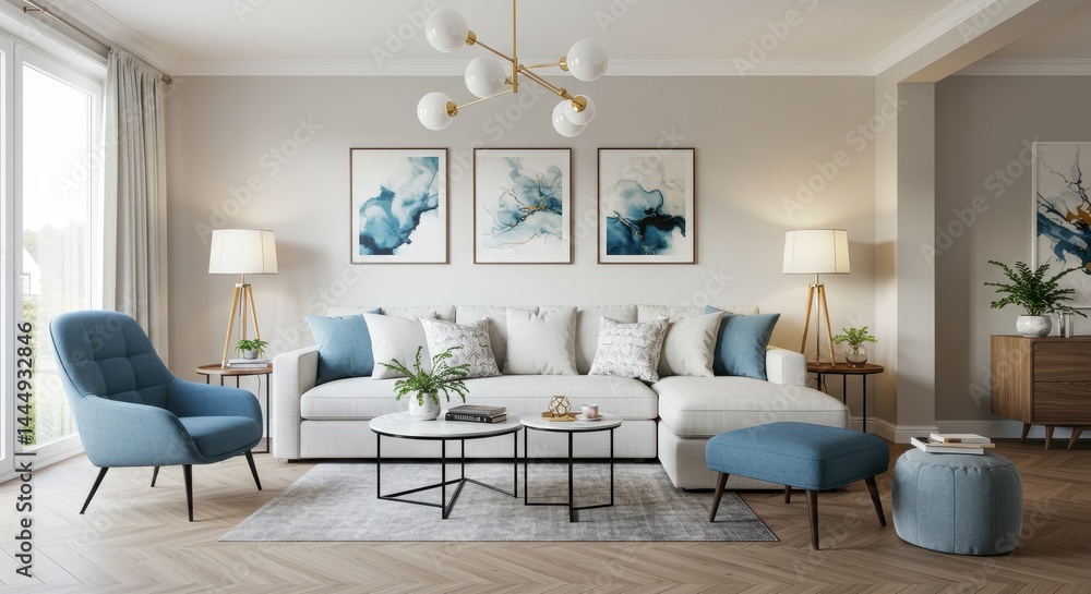 Elegant living room with white sofa, blue accents and modern chandelier Elegant living room with white sofa, blue accents and modern chandelier