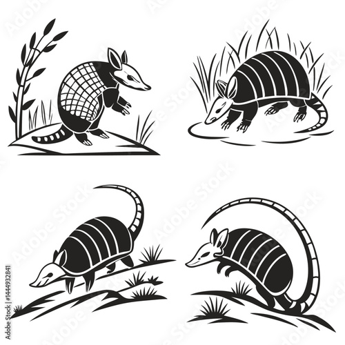Armadillo Silhouette Set Walking, Foraging Mammals in Black and White Line Art