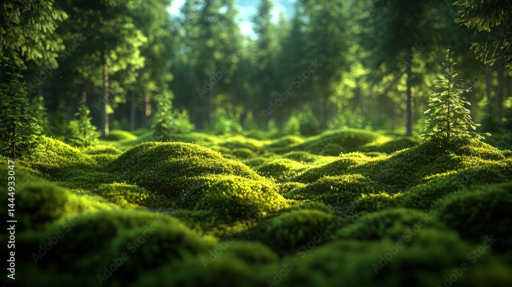 Fototapeta premium Lush green moss carpet in a sunlit forest. Focus on the foreground moss with trees in the background