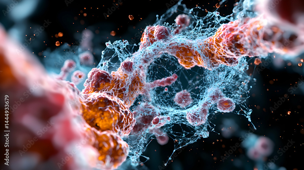 An abstract microscopic view of cellular structures with intricate details and a focus on biological processes. Potential application is in educational science resources. An abstract microscopic view of cellular structures with intricate details and a focus on biological processes. Potential application is in educational science resources.