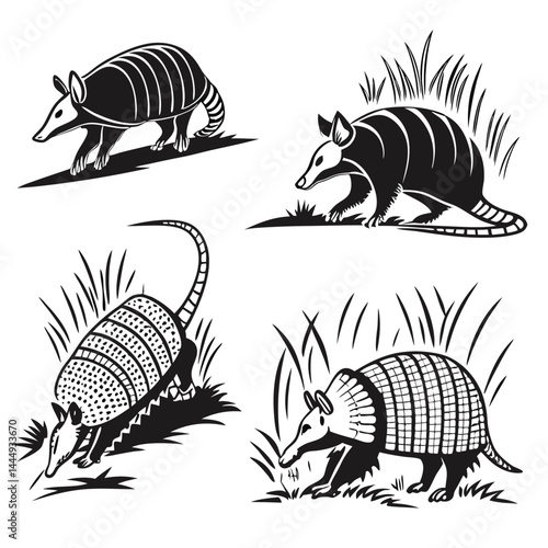 Armadillo Silhouettes Set, Monochrome Wild Animal Collection, Grasses, Nature, Wildlife