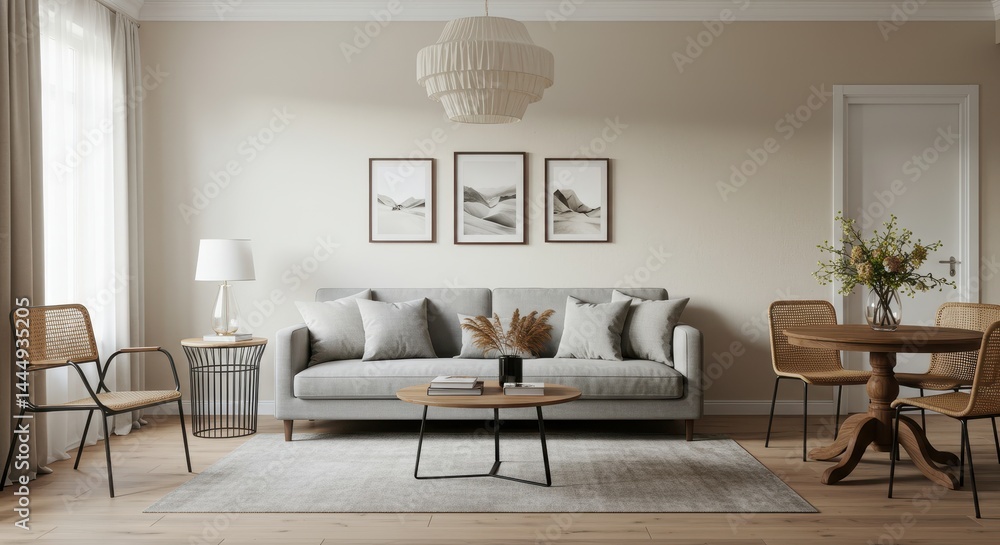 Fototapeta premium Living room interior with gray sofa, round table, and artwork in a neutral color palette