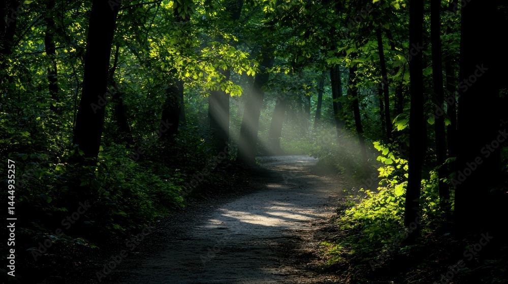 Obraz premium Sunlight beams illuminating a winding path through the vibrant forest landscape