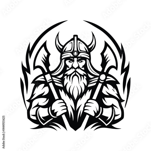 Fierce Warrior Black & White Mascot Featuring Horned Helmet and Axes