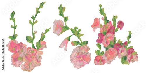 Spring clip art of Rose of Sharon flowers drawn with wax crayons on white isolated background. Children's botanical collection of oil pastel illustrations. Designs for greeting cards,posters.