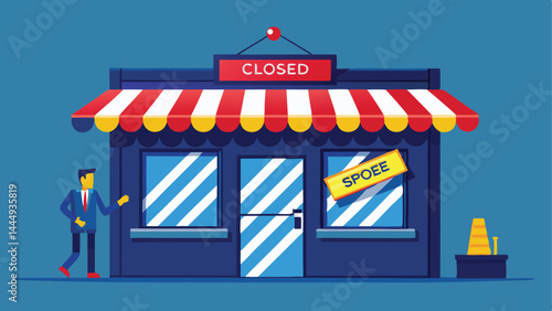 Close business, decision to stop operate company, office closing down out of business, store, end business signboard problem or recession concept, businessman walk away from closed company office.