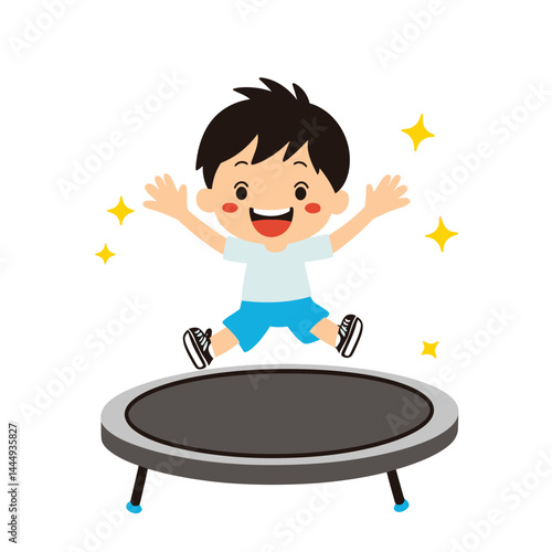 Cartoon illustration of a small boy jumping and falling on a blue trampoline, representing leisure and entertainment