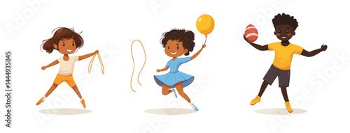 A collection of illustrations featuring children engaging in various sports activities, including a ballerina, a boy playing football, a schoolboy jumping rope, and a schoolgirl with a red hoop, all