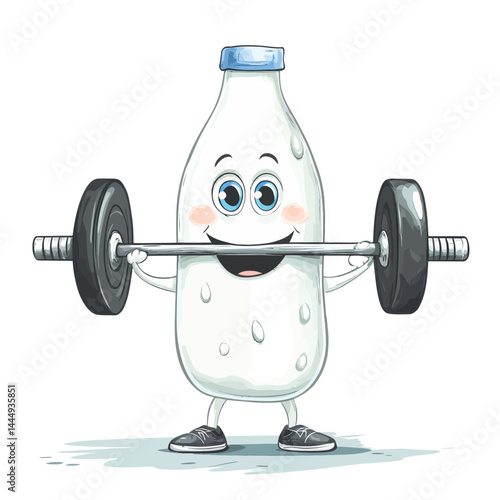 Modern cartoon illustration depicting a powerful milk bottle character lifting a barbell