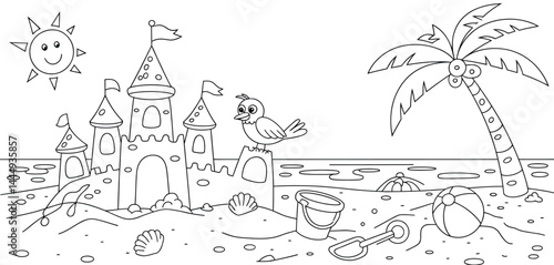 Cute Beach Scene with Sandcastle Coloring Page Illustration