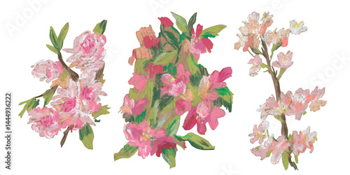 Spring clip art of sakura flowers drawn with wax crayons on white isolated background. Children's botanical collection of oil pastel illustrations. Designs for greeting cards, stickers, posters.