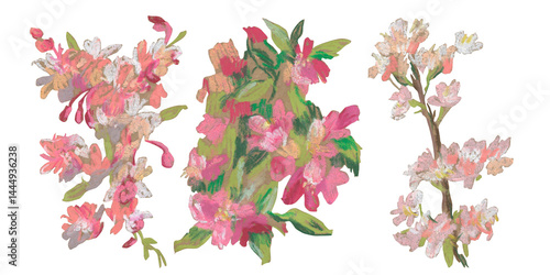 Spring clip art of sakura flowers drawn with wax crayons on white isolated background. Children's botanical collection of oil pastel illustrations. Designs for greeting cards, stickers, posters.
