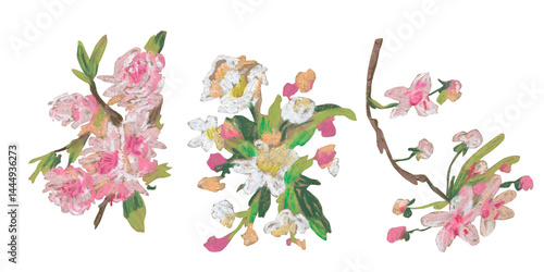 Spring clip art of sakura flowers drawn with wax crayons on white isolated background. Children's botanical collection of oil pastel illustrations. Designs for greeting cards, stickers, posters.