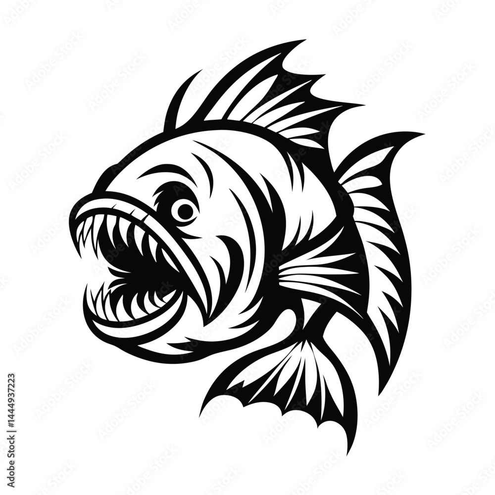 Obraz premium Black and White Piranha Fish with Sharp Teeth on Isolated Background