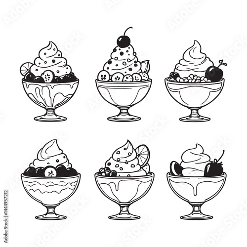 Ice cream sundae in glass bowl line art vector illustration