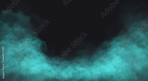 Blue smoke cloud on black transparent background. Fog vector effect.