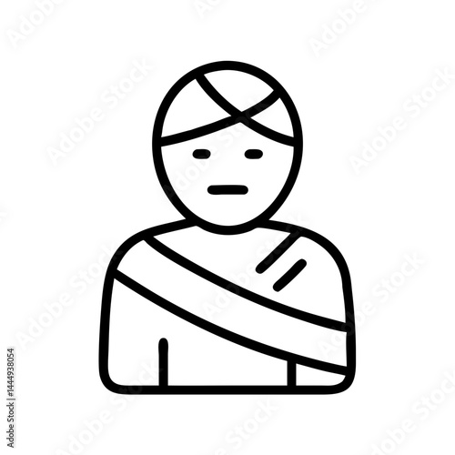 Injured person expressing discomfort in bandages against a plain background  