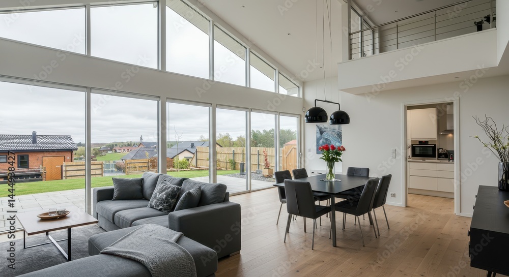 Bright modern living room with large windows and view of the garden Bright modern living room with large windows and view of the garden