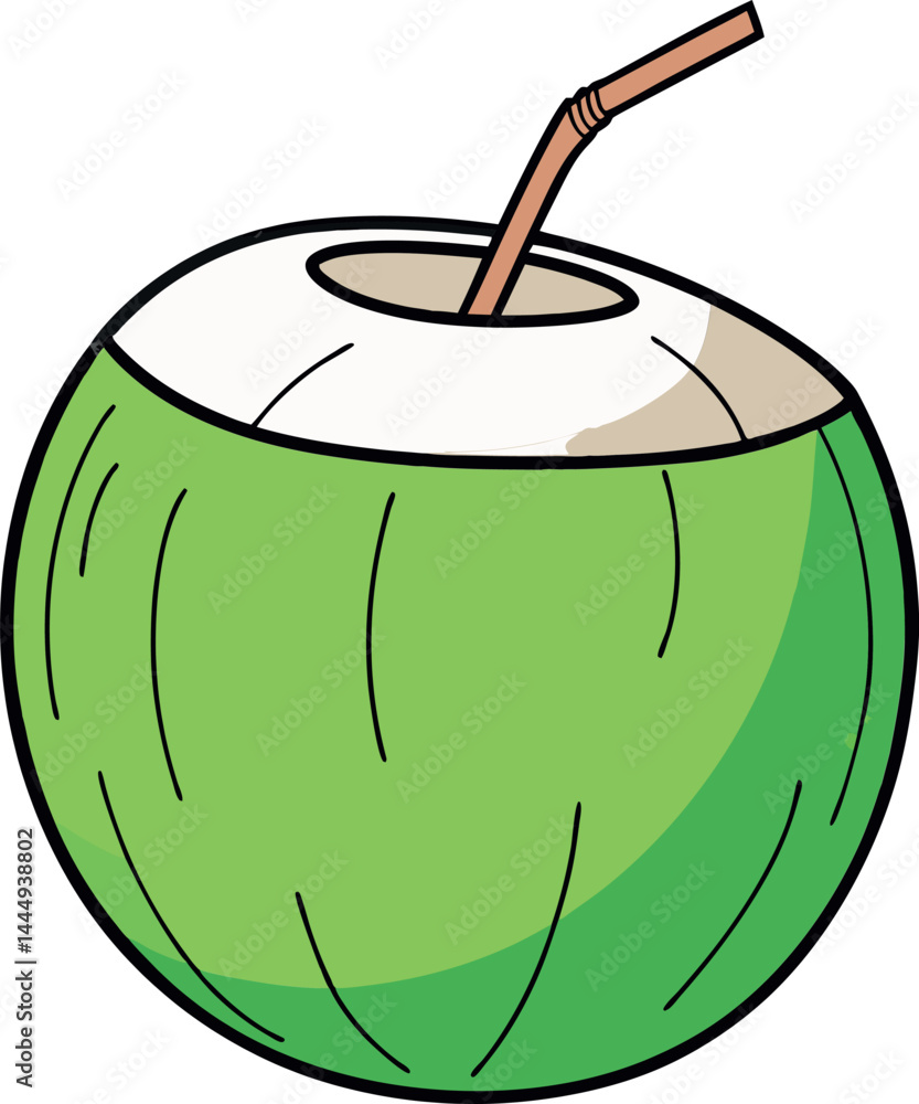 Fototapeta premium Exotic Coconut with Straw Vector Illustration for Tropical Beverage and Refreshing Drink Designs, Ideal for Summer, Beach, and Creative Advertising Campaigns