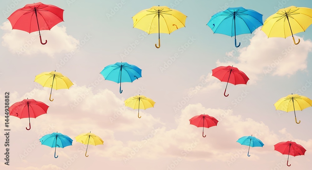 Fototapeta premium Colorful umbrellas floating in sky