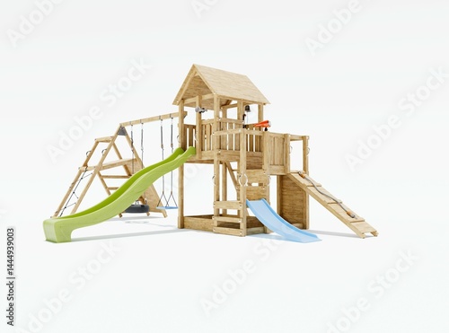 3d rendering illustration of modern wooden playground for sports game for children on white background