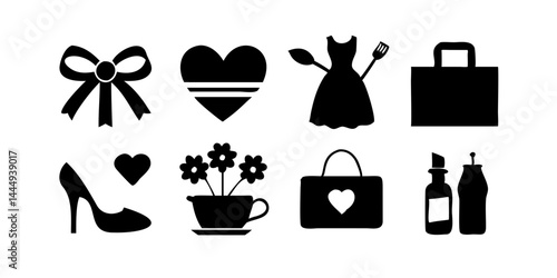 Set of Mother's Day icons featuring bouquet of flowers, heart, gift box, perfume bottle, pearl necklace, and high heels for celebration, greeting cards, and festive design
