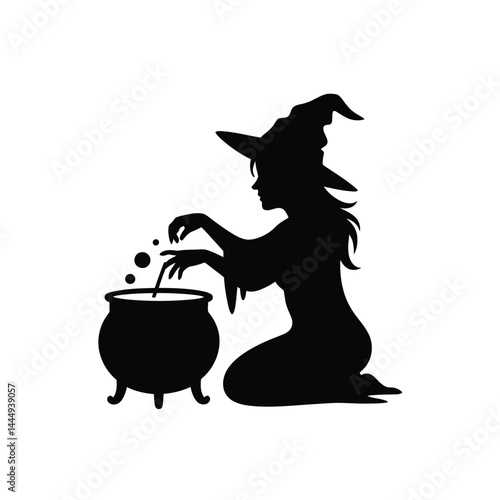 Silhouette of a Witch Kneeling by a Cauldron Brewing a Potion