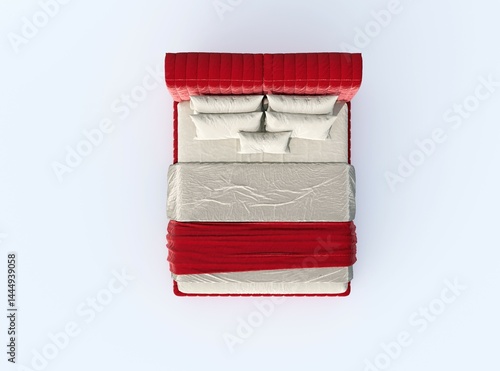 3d rendering illustration of red modern bed on white background top view