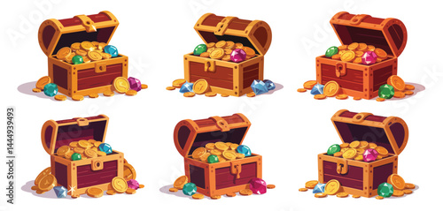Six Open Wooden Treasure Chests Filled with Gold Coins and Jewels