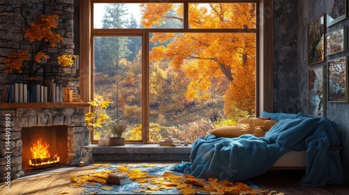 Cozy autumn retreat with fireplace and scenic fall foliage outside window
