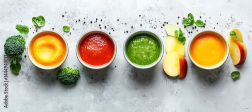 Panel kuchenny z motywem Bowls Of Vegetable Puree For Baby, With Fresh Apple, Broccoli And Green Leaves On Background