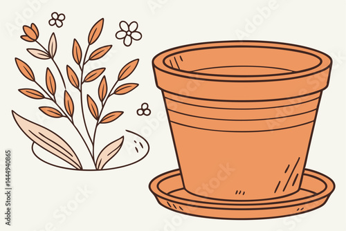 13 Terracotta flower pot, clay planter, orange earthenware container, gardening accessory, simple design, round shape, wide rim, matching saucer, matte finish, rustic garden decor, botanical photograp