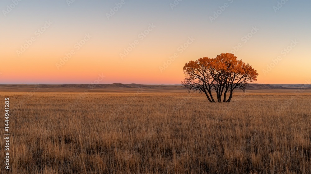 Solitary tree standing in a vast open grassland at sunset Solitary tree standing in a vast open grassland at sunset