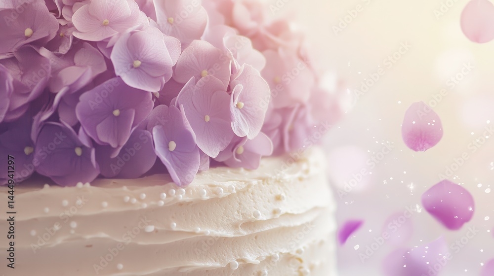 Fototapeta premium Playful and Colorful Scene of Elegant Wedding Cake with Purple Hydrangeas and Edible Pearls on Bright Cake Stand
