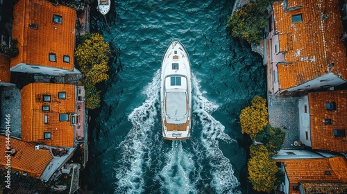 Aerial view of a yacht navigating a narrow channel between buildings with orange roofs