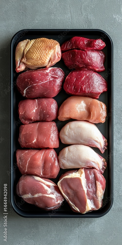 Raw meat for dogs in plastic containers and vacuum-sealed bags on kitchen surface, prepared for freezer storage. Healthy raw food for pets
