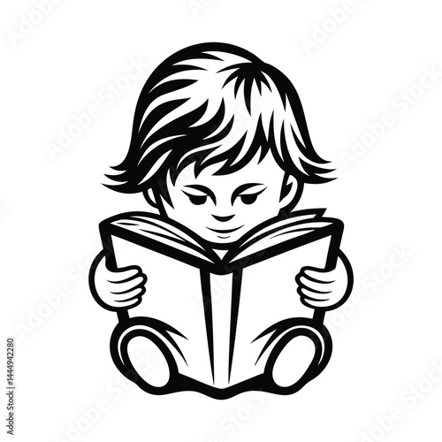 Monochrome Art Focused Child Reads a Book, Simple Lineart on Isolated White