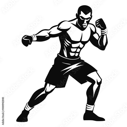 Black and white Boxer stance, athletic African American man wearing boxing gloves