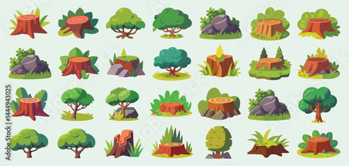 Cartoon Tree Stumps and Trees Set for Game Design