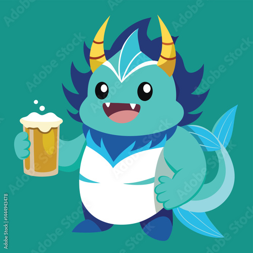 Explore a whimsical illustration of Neptune, the ocean king mascot, cheerfully holding a beer, adding a playful and festive touch to an aquatic-themed design.
