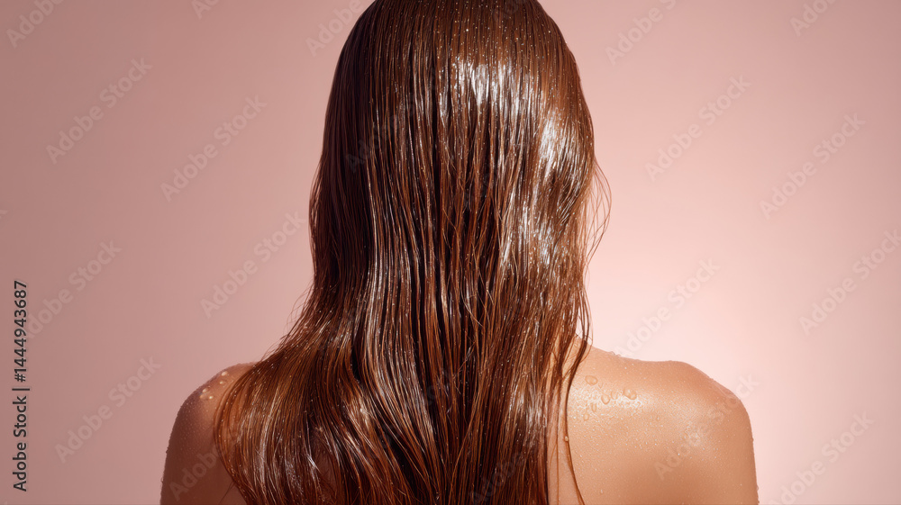 Fototapeta premium A detailed illustration of back view of female hair after shower, ideal for creative, commercial, or editorial purposes.